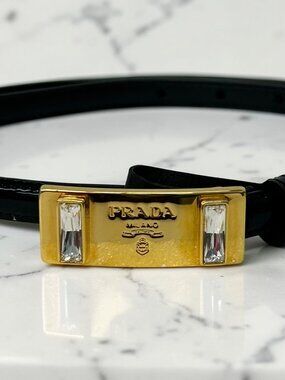 Prada Black Patent Leather Belt with Crystal-Embellished Gold Buckle